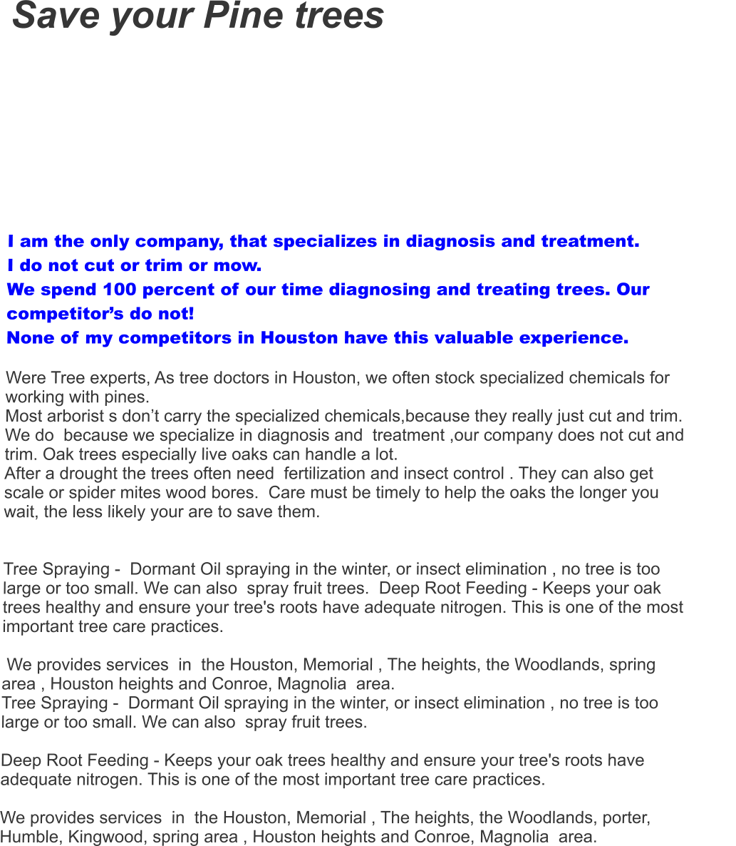 Save your Pine trees    I am the only company, that specializes in diagnosis and treatment.  I do not cut or trim or mow.  We spend 100 percent of our time diagnosing and treating trees. Our competitor’s do not! None of my competitors in Houston have this valuable experience.  Were Tree experts, As tree doctors in Houston, we often stock specialized chemicals for  working with pines.   Most arborist s don’t carry the specialized chemicals,because they really just cut and trim. We do  because we specialize in diagnosis and  treatment ,our company does not cut and trim. Oak trees especially live oaks can handle a lot.  After a drought the trees often need  fertilization and insect control . They can also get scale or spider mites wood bores.  Care must be timely to help the oaks the longer you wait, the less likely your are to save them.     Tree Spraying -  Dormant Oil spraying in the winter, or insect elimination , no tree is too large or too small. We can also  spray fruit trees.  Deep Root Feeding - Keeps your oak trees healthy and ensure your tree's roots have adequate nitrogen. This is one of the most important tree care practices.   We provides services  in  the Houston, Memorial , The heights, the Woodlands, spring area , Houston heights and Conroe, Magnolia  area. Tree Spraying -  Dormant Oil spraying in the winter, or insect elimination , no tree is too large or too small. We can also  spray fruit trees.    Deep Root Feeding - Keeps your oak trees healthy and ensure your tree's roots have adequate nitrogen. This is one of the most important tree care practices.   We provides services  in  the Houston, Memorial , The heights, the Woodlands, porter, Humble, Kingwood, spring area , Houston heights and Conroe, Magnolia  area.